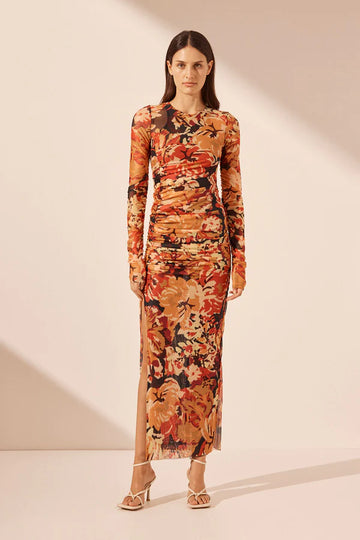 Shona Joy Rubi Long Sleeve Gathered Midi Dress Tangerine