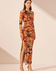 Shona Joy Rubi Long Sleeve Gathered Midi Dress Tangerine