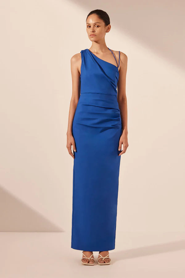 Shona Joy Lani Asymmetrical Gathered Midi Dress Azure