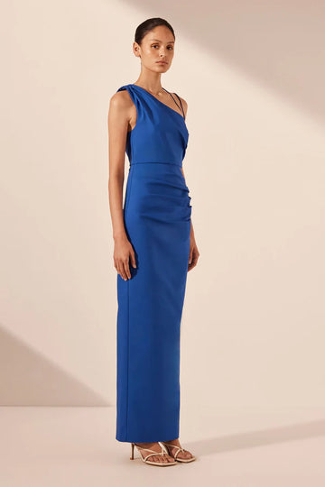 Shona Joy Lani Asymmetrical Gathered Midi Dress Azure