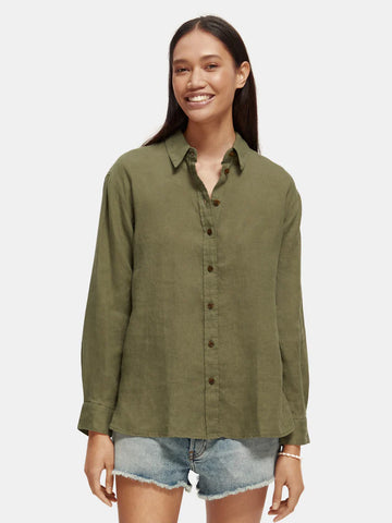 Scotch and Soda Oversized Linen Shirt Olive Green