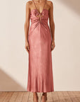 Shona Joy Angelica Keyhole Lace Front Midi Dress in Rouge