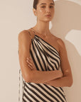 Shona Joy Escalet Silk One Shoulder Open Back Maxi Dress Black/Cream