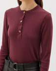 Bassike Rib Contrast Placket Long Sleeve Tee Mulberry