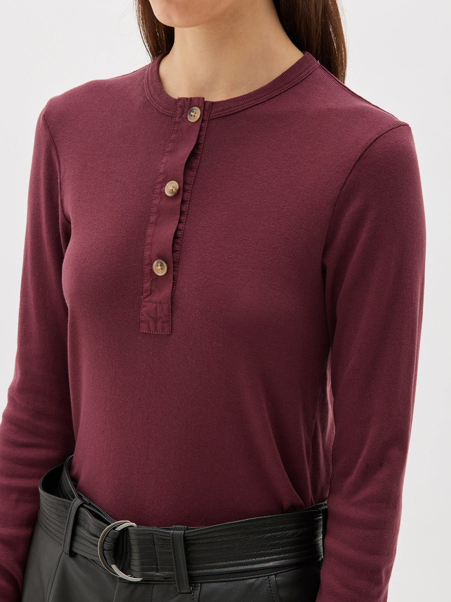 Bassike Rib Contrast Placket Long Sleeve Tee Mulberry