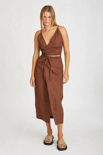 Zephyr Chocolate Linen Wrap Skirt
